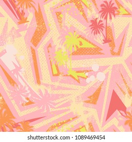 Abstract colorful geometry seamless pattern with palm trees.