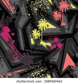 Abstract colorful geometry seamless pattern with palm trees.