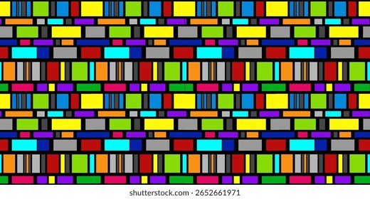 Abstract colorful geometry seamless pattern. Mosaic tile of multicolored rainbow bricks on black background. Rectangles and lines collage. Cheerful and bright ornamental background.