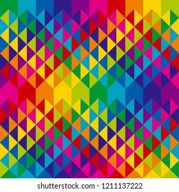 Abstract colorful geometry triangles repeatable motif. Rainbow colors simple cool geometric seamless pattern. 
