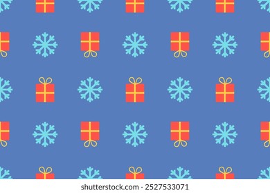 Abstract colorful gift box and snowflake seamless pattern.Beautiful Scandinavian folk design background.Geometric ornament. Illustration for print decor,Christmas Holiday,home decor,wraping ,birthday.