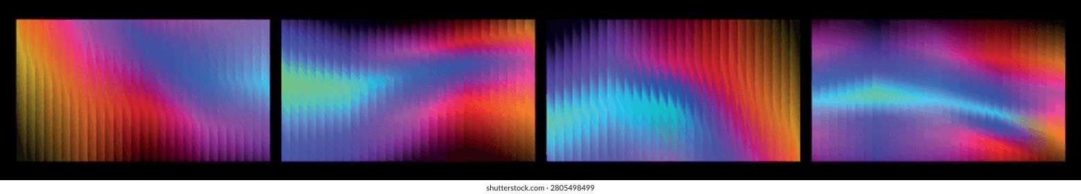 Abstract Colorful Glass Ribbed Texture Background Set with Holographic Gradients and Vertical Lines Distortion Vector