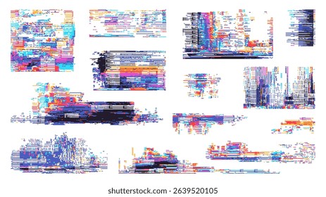 Abstract colorful glitch pixel art shapes vector graphics. Digital data distortion effect collection. Retro video game texture for a background. Vector graphics.