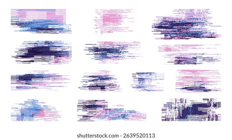 Abstract colorful glitched geometric shapes pattern. Digital distorted data background elements. Modern error signal graphic for tech concept. Vector graphics.