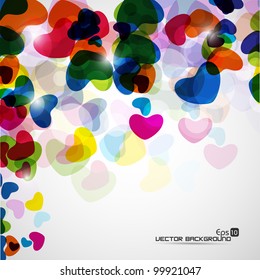 Abstract colorful glossy heart shapes having transparent effects and space for your text. EPS 10, vector illustration.