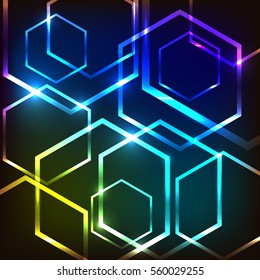 Abstract colorful glowing background with hexagons, stock vector