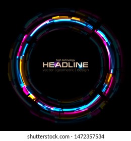 Abstract colorful glowing neon circle tech background. Laser glitch effect retro graphic design. Vector illustration
