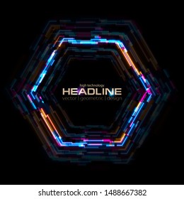 Abstract colorful glowing neon hexagon tech background. Laser glitch effect retro graphic design. Vector futuristic illustration