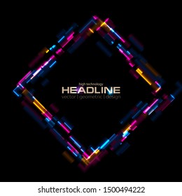 Abstract colorful glowing neon square tech background. Laser glitch effect retro graphic design. Vector illustration