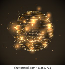 Abstract colorful golden yellow exploding sphere made of points and dots. Shiny dots with glowing effect.
