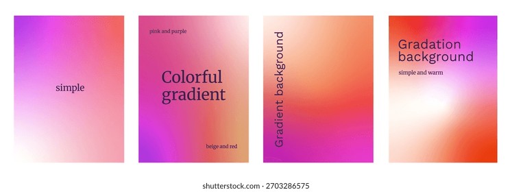 Abstract colorful gradient background. Purple, red vibrant gradation template set. Vector orange pink violet backdrop with light splash. Fashion wallpaper design. Glamour bright smooth vertical poster