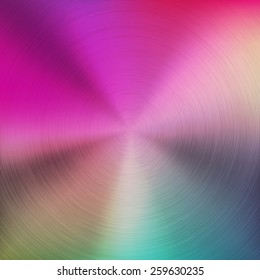 Abstract colorful gradient background with realistic circular brushed metal texture (chrome, stainless steel, silver) for web, interfaces, UI, applications, apps and presentations. Vector illustration