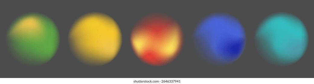 Formas de círculo de gradiente colorido abstrato definidas com efeito de aura de gradiente suave de desfoque. Círculos de gradação de cores em tons de verde, amarelo, vermelho e azul. Ilustração holográfica em forma de vetor no fundo escuro