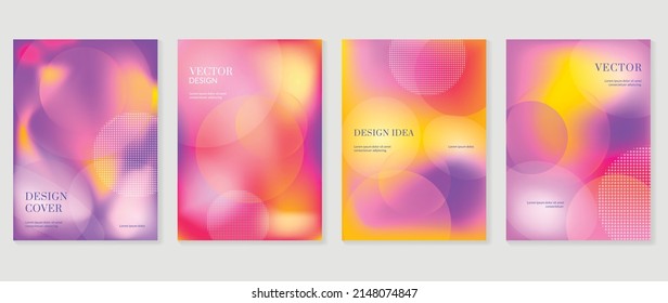 Plantilla de cobertura de degradado de color abstracto. Conjunto de diseño de afiches con color holograma, gráfico dinámico, forma de círculo, patrón de puntos. Colección de banners modernos para volante, negocios, anuncios, decoración, tarjeta.