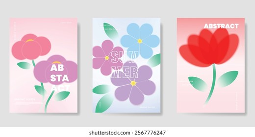 Abstract colorful gradient flower card background set. Minimalist poster with tulip flower. Modern summer and spring wallpaper design for home decoration, banner, ads.