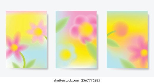 Abstract colorful gradient flower card background set. Minimalist poster with flower blurred texture. Modern summer and spring wallpaper design for home decoration, website, banner, ads.