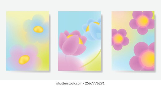 Abstract colorful gradient flower card background set. Minimalist poster with tulip flower. Modern summer and spring wallpaper design for home decoration, website, banner, ads.