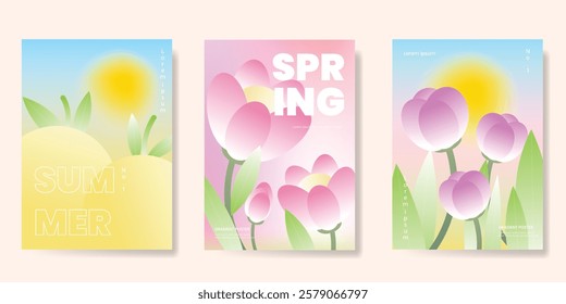 Abstract colorful gradient flower card background set. Minimalist poster with tulip flower. Modern summer and spring wallpaper design for home decoration, website, banner, ads.