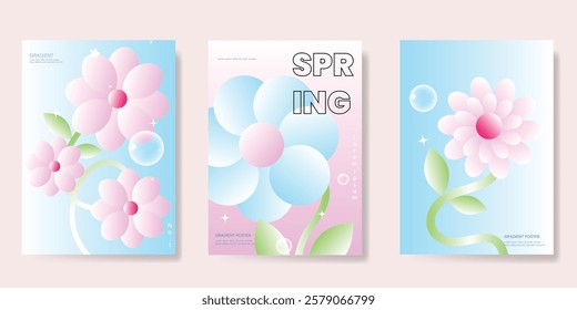 Abstract colorful gradient flower card background set. Minimalist poster with tulip flower. Modern summer and spring wallpaper design for home decoration, website, banner, ads.