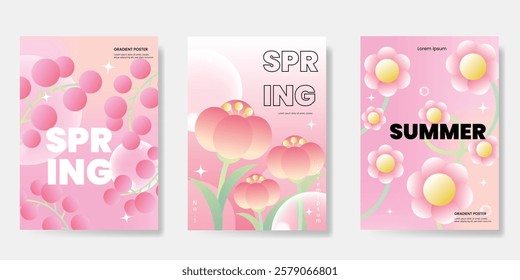 Abstract colorful gradient flower card background set. Minimalist poster with tulip flower. Modern summer and spring wallpaper design for home decoration, website, banner, ads.