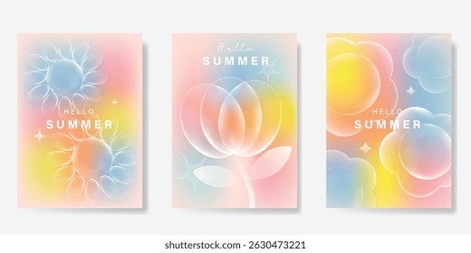 Abstrato colorido gradiente fundo cartão flor conjunto. Cartaz minimalista com flor. Design moderno de papel de parede de verão e primavera para menu de bebidas, promoção, bebidas, anúncios.
