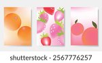 Abstract colorful gradient fruit card background set. Minimalist poster with orange, strawberry, peach. Modern summer and spring wallpaper design for home decoration, website, banner, ads.