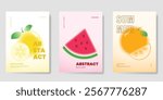 Abstract colorful gradient fruit card background set. Minimalist poster with lemon, watermelon, orange. Modern summer and spring wallpaper design for home decoration, banner, ads.