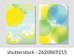 Abstract colorful gradient fruit card background set. Minimalist poster with lemon. Modern summer and spring wallpaper design for drink menu, promotion, beverages, ads.