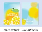 Abstract colorful gradient fruit card background set. Minimalist poster with oranges. Modern summer and spring wallpaper design for drink menu, promotion, beverages, ads.