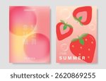 Abstract colorful gradient fruit card background set. Minimalist poster with strawberry. Modern summer and spring wallpaper design for drink menu, promotion, beverages, ads.