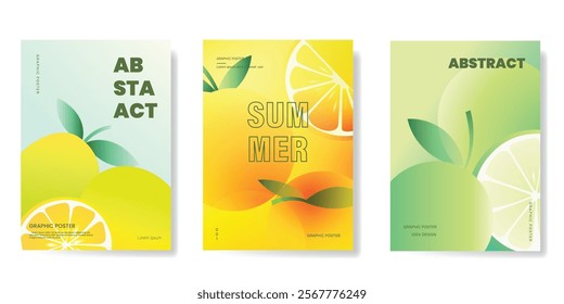 Abstract colorful gradient fruit card background set. Minimalist poster with lemon, orange, lime. Modern summer and spring wallpaper design for home decoration, website, banner, ads.