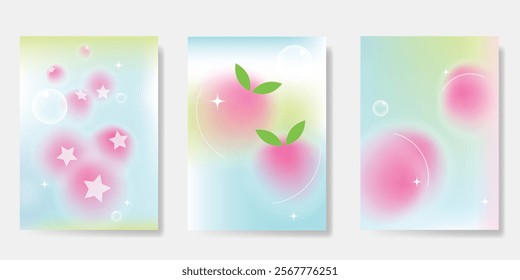 Abstract colorful gradient fruit card background set. Minimalist poster with berry, bubble, sparkle, dot halftone. Modern summer and spring wallpaper design for home decoration, website, banner, ads.