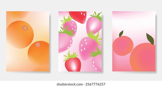 Abstract colorful gradient fruit card background set. Minimalist poster with orange, strawberry, peach. Modern summer and spring wallpaper design for home decoration, website, banner, ads.