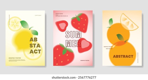 Abstract colorful gradient fruit card background set. Minimalist poster with lemon, watermelon, orange. Modern summer and spring wallpaper design for home decoration, banner, ads.