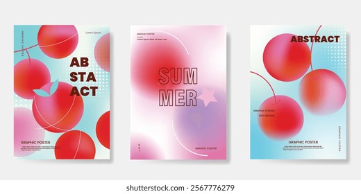 Abstract colorful gradient fruit card background set. Minimalist poster with berry, cherry, dot halftone. Modern summer and spring wallpaper design for home decoration, website, banner, ads.