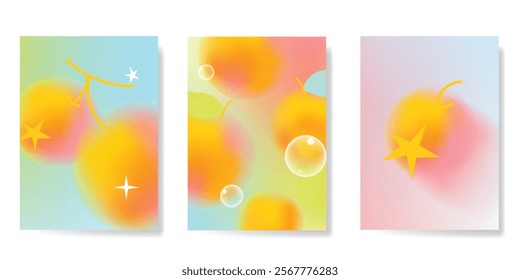 Abstract colorful gradient fruit card background set. Minimalist poster with orange, cherry, bubble, spot texture. Modern summer and spring wallpaper design for home decoration, website, banner, ads.