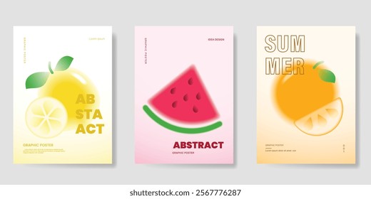 Abstract colorful gradient fruit card background set. Minimalist poster with lemon, watermelon, orange. Modern summer and spring wallpaper design for home decoration, banner, ads.