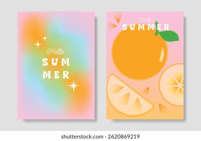 Abstract colorful gradient fruit card background set. Minimalist poster with oranges. Modern summer and spring wallpaper design for drink menu, promotion, beverages, ads.