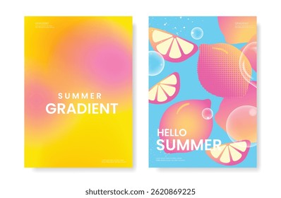 Abstract colorful gradient fruit card background set. Minimalist poster with lemon. Modern summer and spring wallpaper design for drink menu, promotion, beverages, ads.