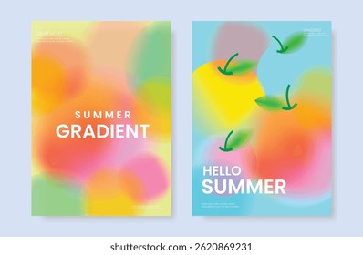 ensemble d'arrière-plan Abstrait carte de fruits à gradient coloré. Affiche minimaliste avec pomme. Conception de fond d'écran moderne d'été et de printemps pour le menu de boisson, la promotion, les boissons, les annonces.