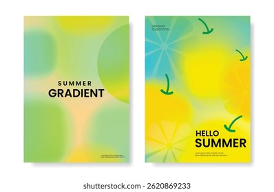 Abstract colorful gradient fruit card background set. Minimalist poster with lemon. Modern summer and spring wallpaper design for drink menu, promotion, beverages, ads.