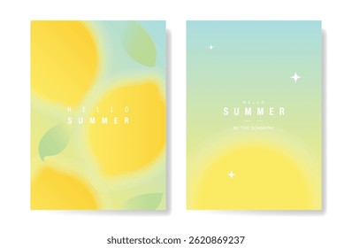 Abstract colorful gradient fruit card background set. Minimalist poster with lemon. Modern summer and spring wallpaper design for drink menu, promotion, beverages, ads.