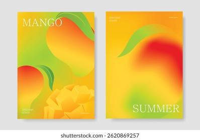 Abstrato colorido gradiente de fundo cartão de frutas definido. Cartaz minimalista com manga. Design moderno de papel de parede de verão e primavera para menu de bebidas, promoção, bebidas, anúncios.