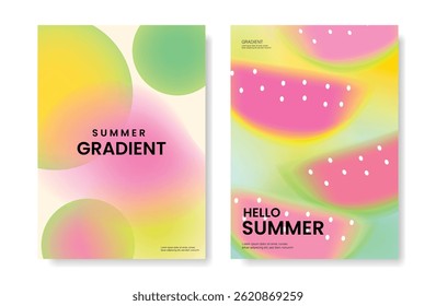 Abstract colorful gradient fruit card background set. Minimalist poster with watermelon. Modern summer and spring wallpaper design for drink menu, promotion, beverages, ads.