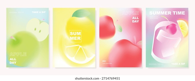 Abstrato colorido gradiente de fundo cartão de frutas definido. Cartaz minimalista com limão. Design moderno de papel de parede de verão e primavera para menu de bebidas, promoção, bebidas, anúncios.