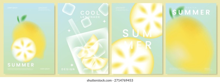 Abstractas conjunto de fondo de tarjeta de fruta de gradiente colorido. Cartel minimalista con limón. Diseño moderno del verano y del Fondo de pantalla de la primavera para el menú de la bebida, promoción, bebidas, anuncios.