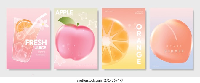 Abstract colorful gradient fruit card background set. Minimalist poster with lemon. Modern summer and spring wallpaper design for drink menu, promotion, beverages, ads.