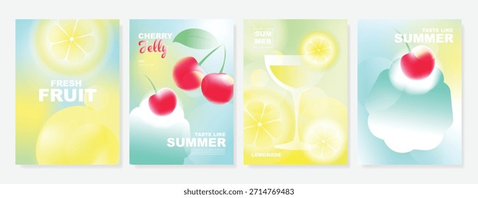 Abstractas conjunto de fondo de tarjeta de fruta de gradiente colorido. Cartel minimalista con limón. Diseño moderno del verano y del Fondo de pantalla de la primavera para el menú de la bebida, promoción, bebidas, anuncios.