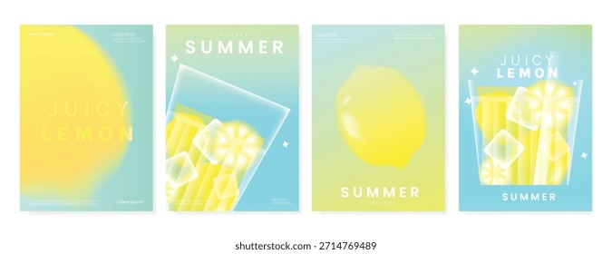 Abstract colorful gradient fruit card background set. Minimalist poster with lemon. Modern summer and spring wallpaper design for drink menu, promotion, beverages, ads.