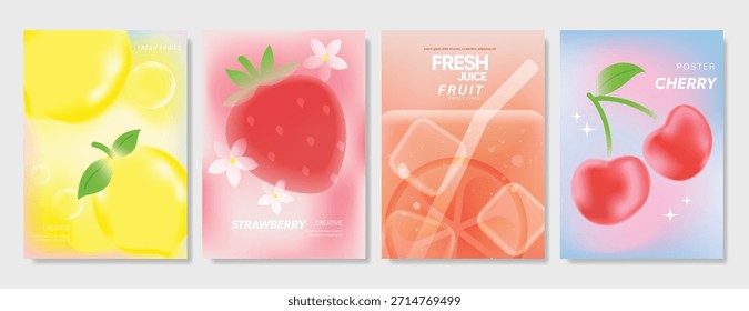 Abstract colorful gradient fruit card background set. Minimalist poster with lemon. Modern summer and spring wallpaper design for drink menu, promotion, beverages, ads.